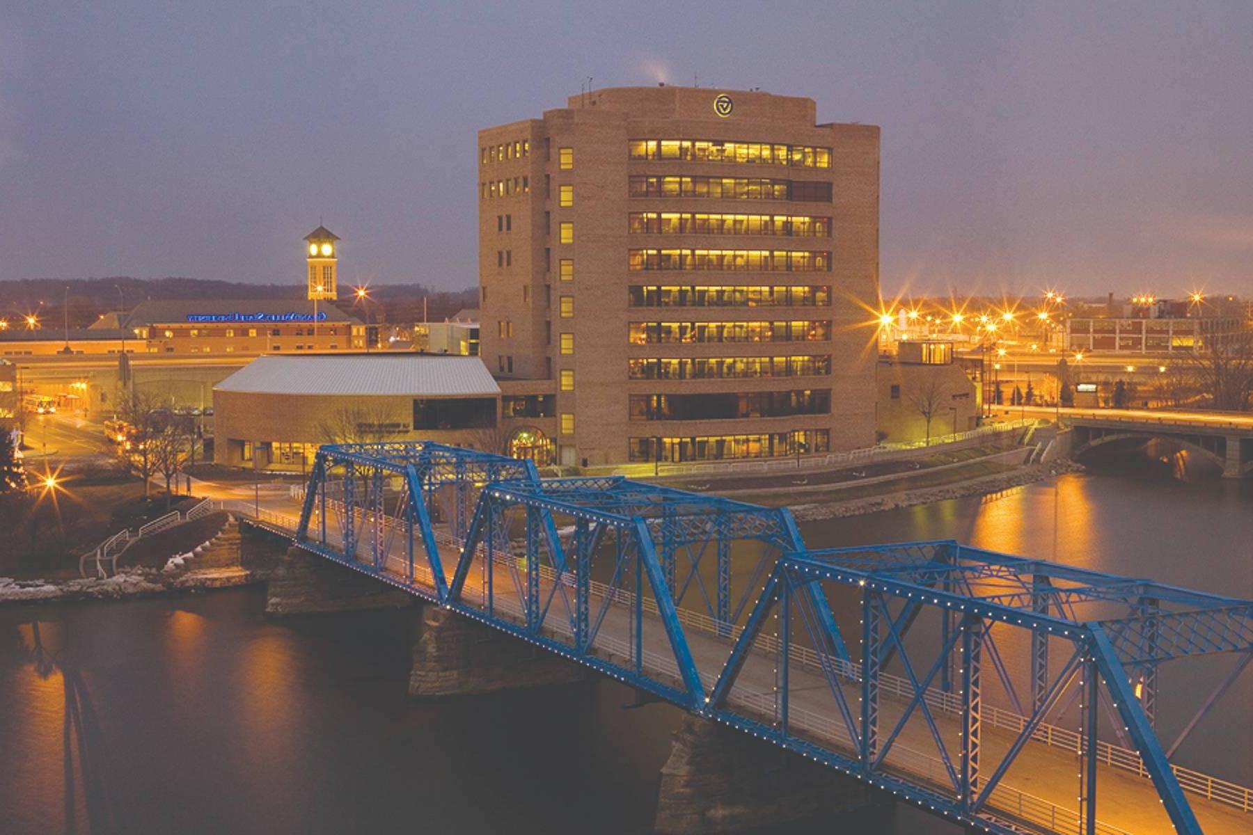 Exterior view of the L.V. Eberhard Center and the Blue Bridge